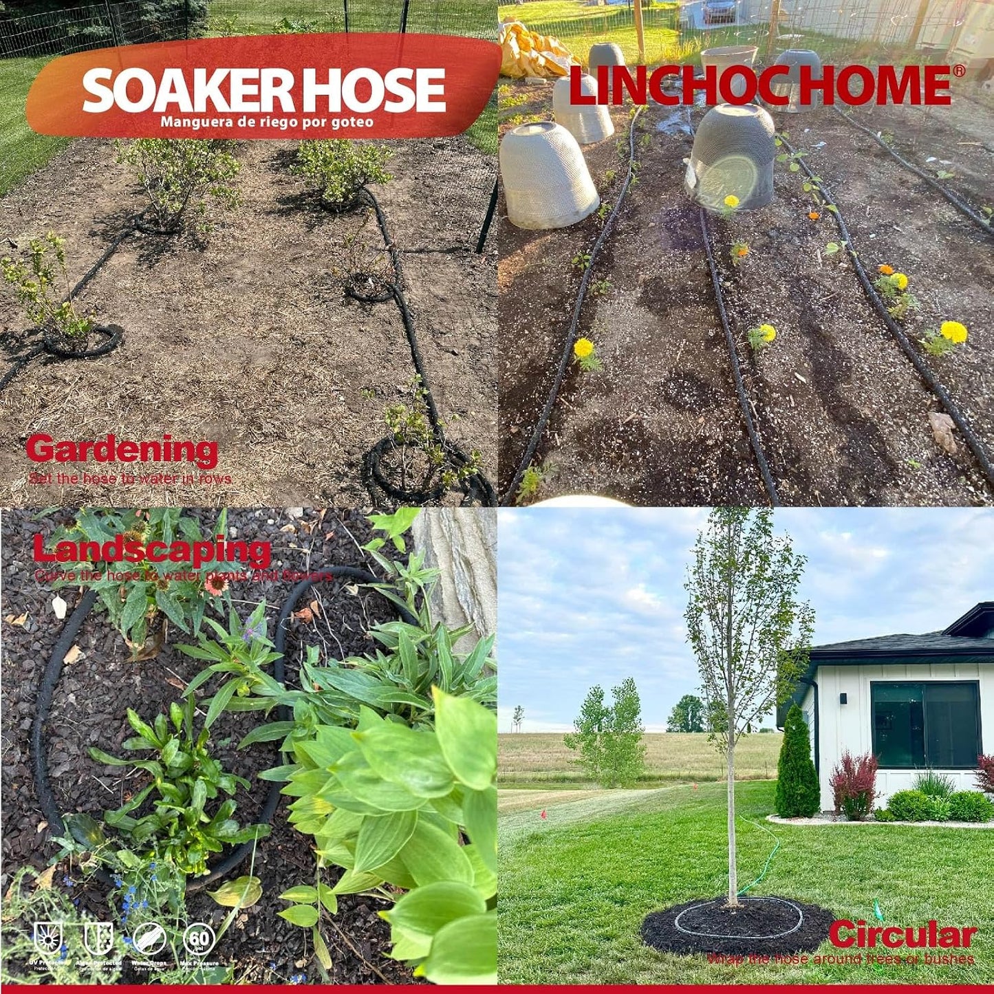 Soaker Hose 150FT 1/2 Inch with Solid Brass Connectors & Garden Stakes Kit, Flexible Leakproof Irrigation System for Garden, Lawn & Landscape