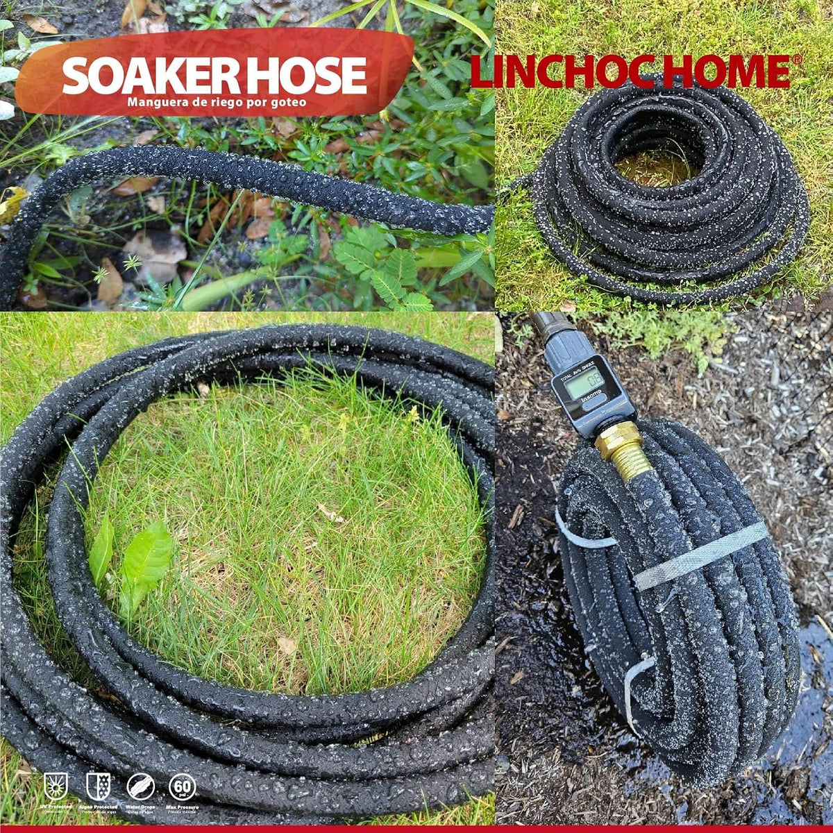 Soaker Hose 150FT 1/2 Inch with Solid Brass Connectors & Garden Stakes Kit, Flexible Leakproof Irrigation System for Garden, Lawn & Landscape