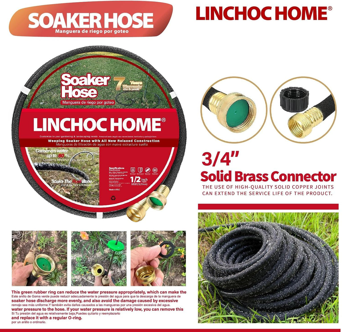 Soaker Hose 150FT 1/2 Inch with Solid Brass Connectors & Garden Stakes Kit, Flexible Leakproof Irrigation System for Garden, Lawn & Landscape
