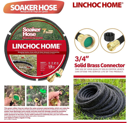 Soaker Hose 150FT 1/2 Inch with Solid Brass Connectors & Garden Stakes Kit, Flexible Leakproof Irrigation System for Garden, Lawn & Landscape