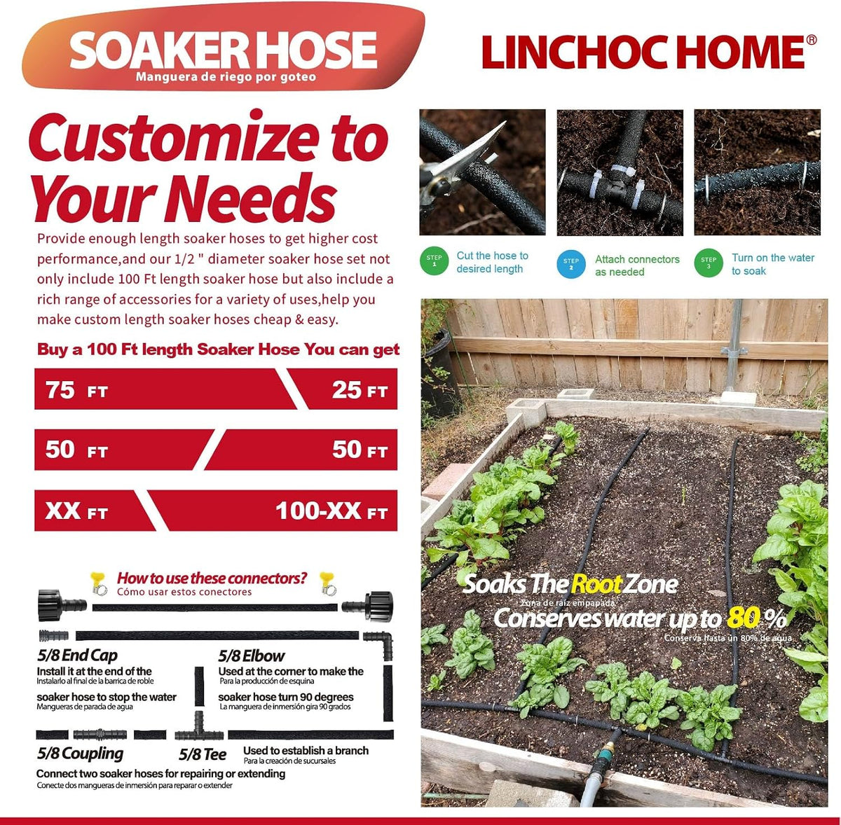 Soaker Hose 150FT 1/2 Inch with Solid Brass Connectors & Garden Stakes Kit, Flexible Leakproof Irrigation System for Garden, Lawn & Landscape