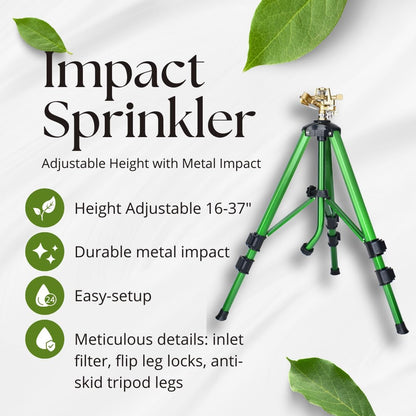 2Pack-Impact Sprinkler on Tripod Base, Heavy Duty Lawn Sprinkler 360° Coverage, Large Area Irrigation Sprinkler for Garden & Yard, Adjustable Height 16-37 Inch with Stable Base (2) CWS105201D-2