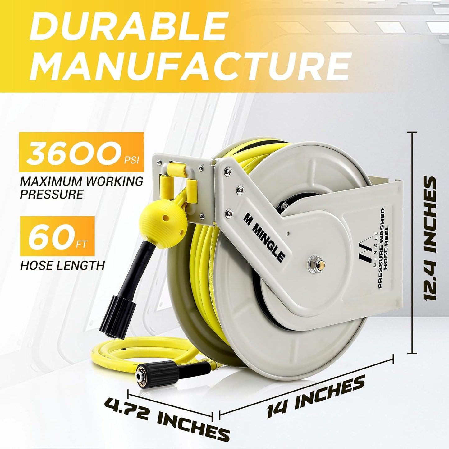 1/4"×60ft Retractable Pressure Washer Hose Reel, 3600 PSI