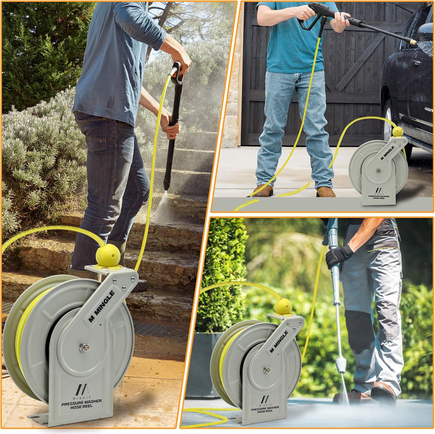 1/4"×60ft Retractable Pressure Washer Hose Reel, 3600 PSI