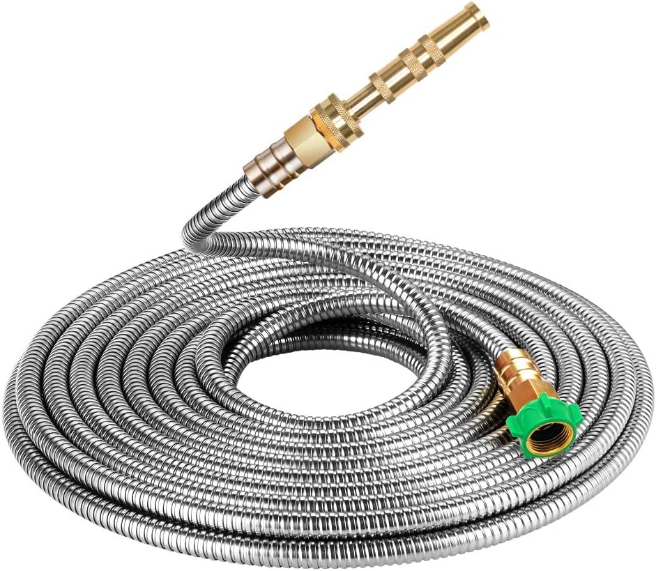 50 ft Metal Garden Hose, Solid Brass Fittings, 304 Stainless Steel Heavy Duty, No-Leak & Kink Free, Brass Garden Hose Nozzle Flexible for Yard, RV, Pet Bath, Outdoor Garden