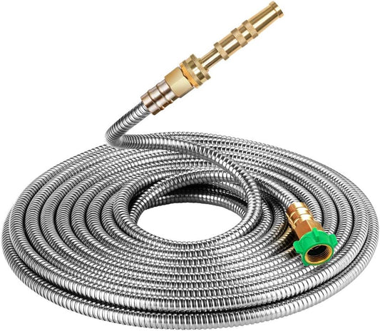 50 ft Metal Garden Hose, Solid Brass Fittings, 304 Stainless Steel Heavy Duty, No-Leak & Kink Free, Brass Garden Hose Nozzle Flexible for Yard, RV, Pet Bath, Outdoor Garden