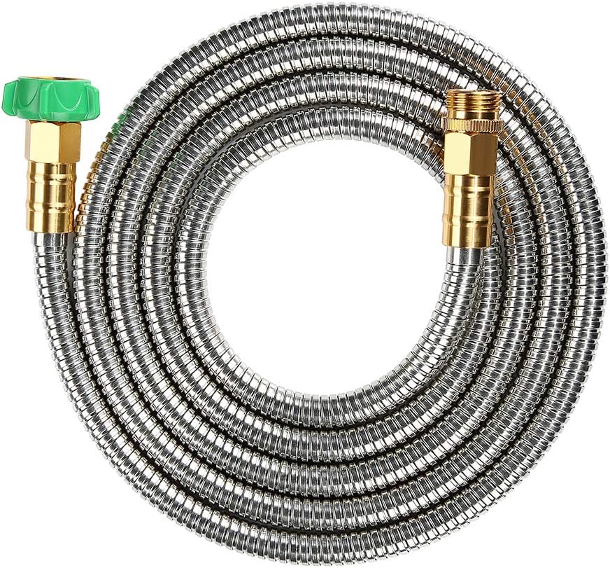 50 ft Metal Garden Hose, Solid Brass Fittings, 304 Stainless Steel Heavy Duty, No-Leak & Kink Free, Brass Garden Hose Nozzle Flexible for Yard, RV, Pet Bath, Outdoor Garden