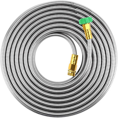 50 ft Metal Garden Hose, Solid Brass Fittings, 304 Stainless Steel Heavy Duty, No-Leak & Kink Free, Brass Garden Hose Nozzle Flexible for Yard, RV, Pet Bath, Outdoor Garden