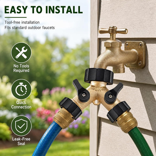 Hose Splitter, Garden Hose Splitter Heavy Duty 2 Way, Solid Brass Water Hose Y Splitter 2 Valves with 2 Extra Rubber Washers