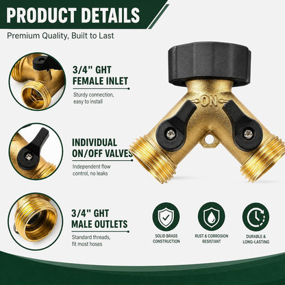 Hose Splitter, Garden Hose Splitter Heavy Duty 2 Way, Solid Brass Water Hose Y Splitter 2 Valves with 2 Extra Rubber Washers