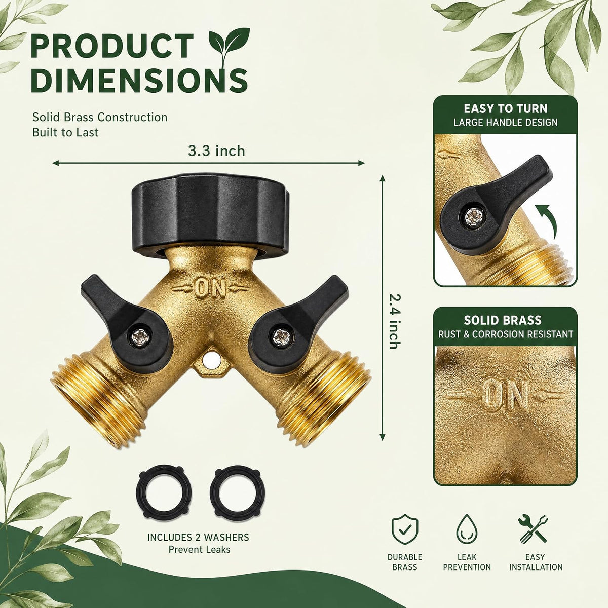 Hose Splitter, Garden Hose Splitter Heavy Duty 2 Way, Solid Brass Water Hose Y Splitter 2 Valves with 2 Extra Rubber Washers