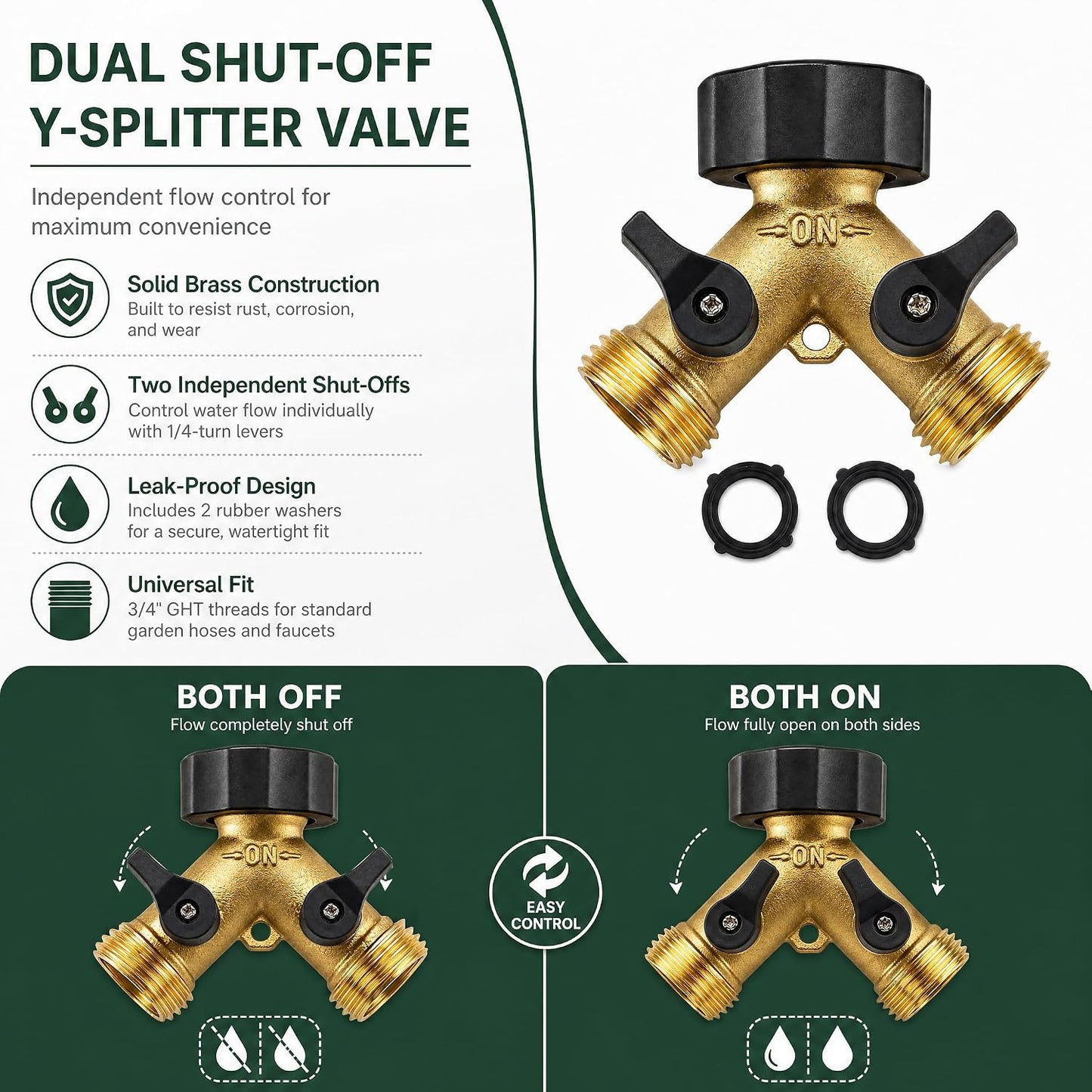 Hose Splitter, Garden Hose Splitter Heavy Duty 2 Way, Solid Brass Water Hose Y Splitter 2 Valves with 2 Extra Rubber Washers