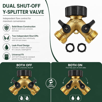 Hose Splitter, Garden Hose Splitter Heavy Duty 2 Way, Solid Brass Water Hose Y Splitter 2 Valves with 2 Extra Rubber Washers