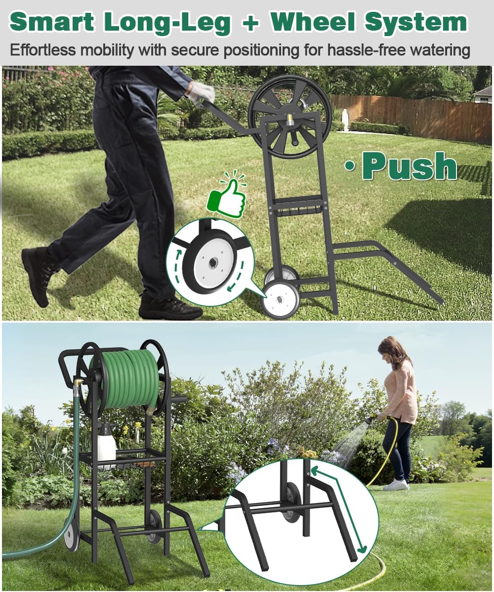 Hose Reel Cart with 2 Wheels, Garden Water Hose Holder Heavy Duty Powder Coated Steel Outdoor Winder Storage Holds 125 ft 5/8" Hoses with Basket and 3.9ft Leader Hose for Backyard, Black