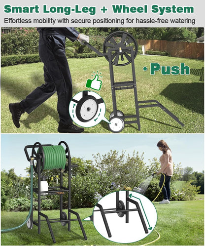Hose Reel Cart with 2 Wheels, Garden Water Hose Holder Heavy Duty Powder Coated Steel Outdoor Winder Storage Holds 125 ft 5/8" Hoses with Basket and 3.9ft Leader Hose for Backyard, Black