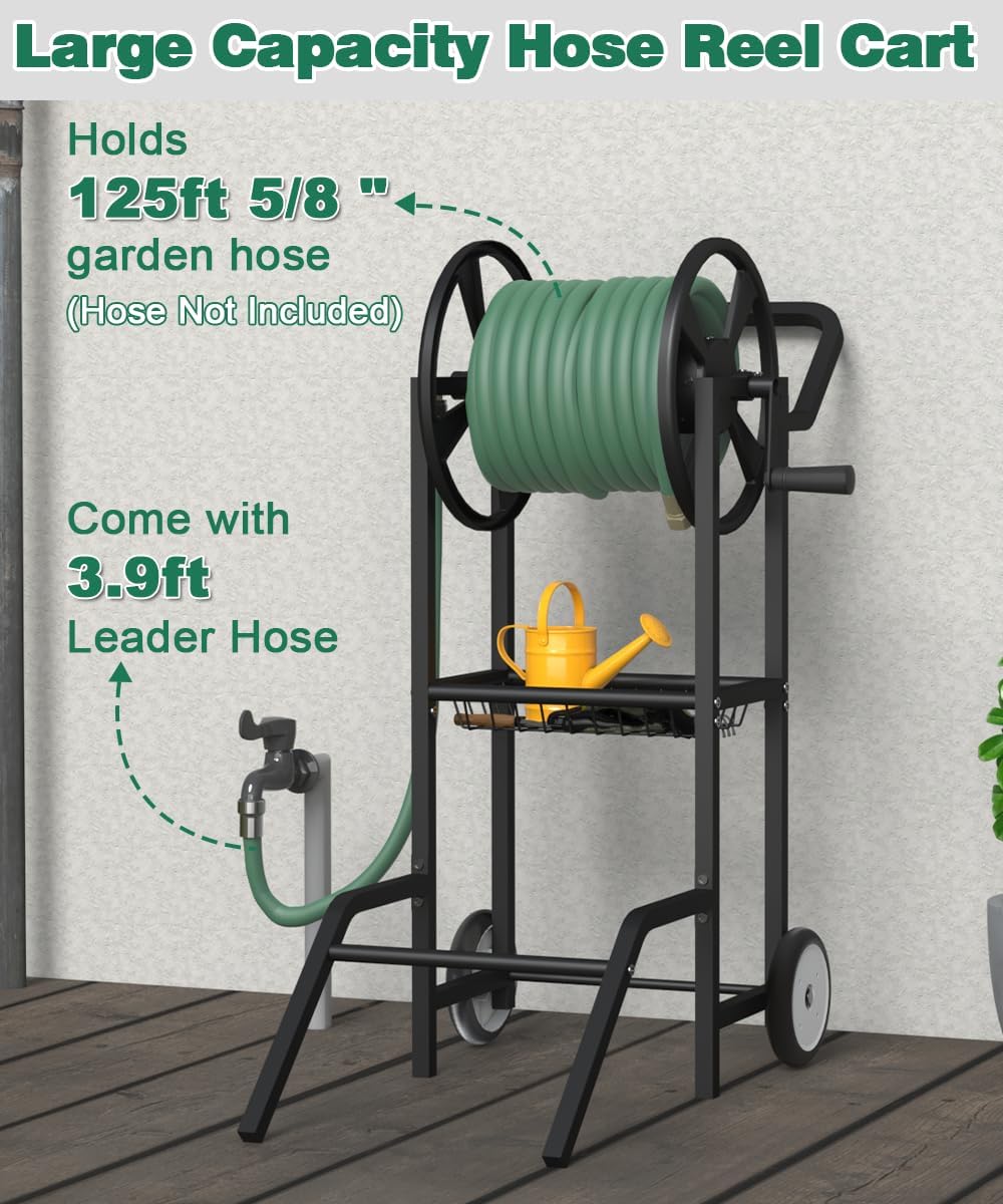 Hose Reel Cart with 2 Wheels, Garden Water Hose Holder Heavy Duty Powder Coated Steel Outdoor Winder Storage Holds 125 ft 5/8" Hoses with Basket and 3.9ft Leader Hose for Backyard, Black