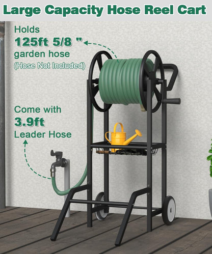 Hose Reel Cart with 2 Wheels, Garden Water Hose Holder Heavy Duty Powder Coated Steel Outdoor Winder Storage Holds 125 ft 5/8" Hoses with Basket and 3.9ft Leader Hose for Backyard, Black