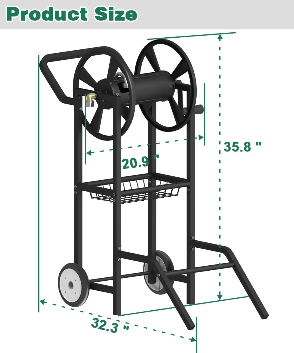 Hose Reel Cart with 2 Wheels, Garden Water Hose Holder Heavy Duty Powder Coated Steel Outdoor Winder Storage Holds 125 ft 5/8" Hoses with Basket and 3.9ft Leader Hose for Backyard, Black