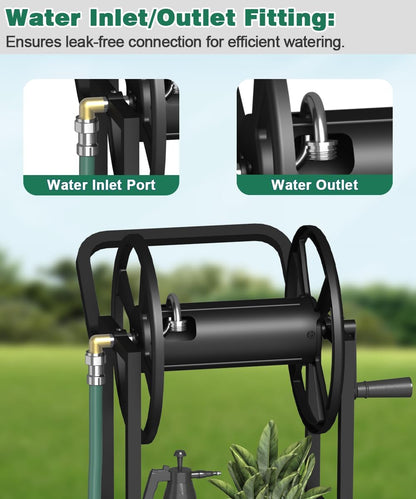 Hose Reel Cart with 2 Wheels, Garden Water Hose Holder Heavy Duty Powder Coated Steel Outdoor Winder Storage Holds 125 ft 5/8" Hoses with Basket and 3.9ft Leader Hose for Backyard, Black