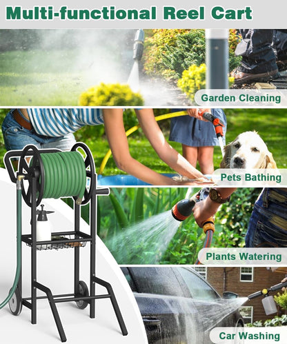 Hose Reel Cart with 2 Wheels, Garden Water Hose Holder Heavy Duty Powder Coated Steel Outdoor Winder Storage Holds 125 ft 5/8" Hoses with Basket and 3.9ft Leader Hose for Backyard, Black