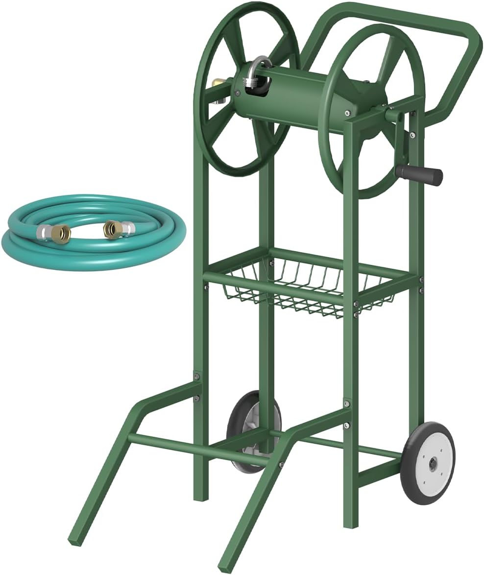 Hose Reel Cart with 2 Wheels, Garden Water Hose Holder Heavy Duty Powder Coated Steel Outdoor Winder Storage Holds 125 ft 5/8" Hoses with Basket and 3.9ft Leader Hose for Backyard, Black