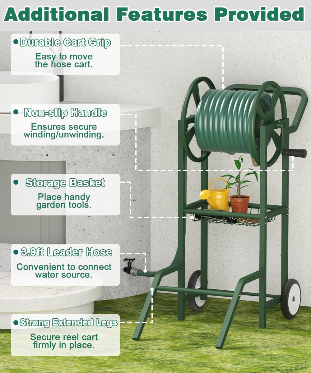 Hose Reel Cart with 2 Wheels, Garden Water Hose Holder Heavy Duty Powder Coated Steel Outdoor Winder Storage Holds 125 ft 5/8" Hoses with Basket and 3.9ft Leader Hose for Backyard, Black
