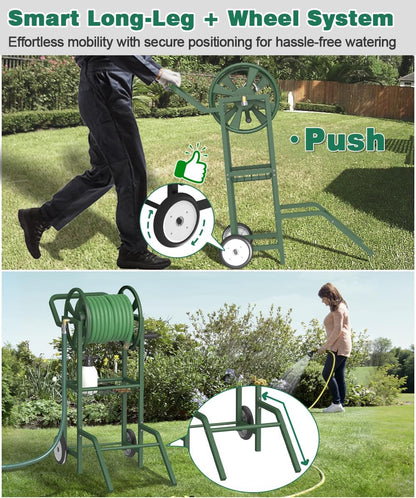 Hose Reel Cart with 2 Wheels, Garden Water Hose Holder Heavy Duty Powder Coated Steel Outdoor Winder Storage Holds 125 ft 5/8" Hoses with Basket and 3.9ft Leader Hose for Backyard, Black