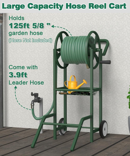 Hose Reel Cart with 2 Wheels, Garden Water Hose Holder Heavy Duty Powder Coated Steel Outdoor Winder Storage Holds 125 ft 5/8" Hoses with Basket and 3.9ft Leader Hose for Backyard, Black