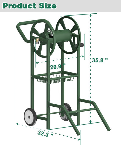 Hose Reel Cart with 2 Wheels, Garden Water Hose Holder Heavy Duty Powder Coated Steel Outdoor Winder Storage Holds 125 ft 5/8" Hoses with Basket and 3.9ft Leader Hose for Backyard, Black