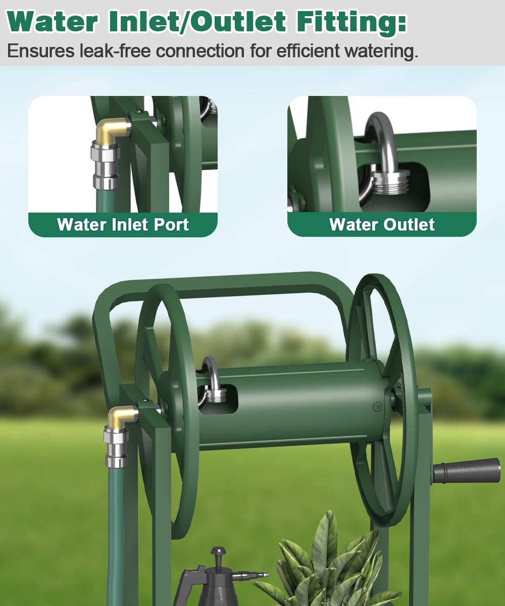 Hose Reel Cart with 2 Wheels, Garden Water Hose Holder Heavy Duty Powder Coated Steel Outdoor Winder Storage Holds 125 ft 5/8" Hoses with Basket and 3.9ft Leader Hose for Backyard, Black
