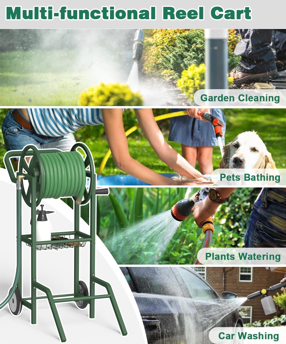 Hose Reel Cart with 2 Wheels, Garden Water Hose Holder Heavy Duty Powder Coated Steel Outdoor Winder Storage Holds 125 ft 5/8" Hoses with Basket and 3.9ft Leader Hose for Backyard, Black
