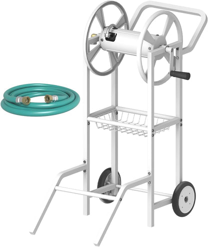 Hose Reel Cart with 2 Wheels, Garden Water Hose Holder Heavy Duty Powder Coated Steel Outdoor Winder Storage Holds 125 ft 5/8" Hoses with Basket and 3.9ft Leader Hose for Backyard, Black