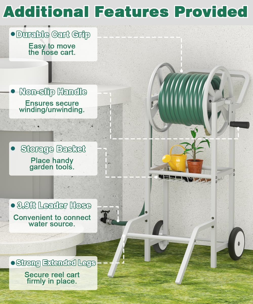 Hose Reel Cart with 2 Wheels, Garden Water Hose Holder Heavy Duty Powder Coated Steel Outdoor Winder Storage Holds 125 ft 5/8" Hoses with Basket and 3.9ft Leader Hose for Backyard, Black