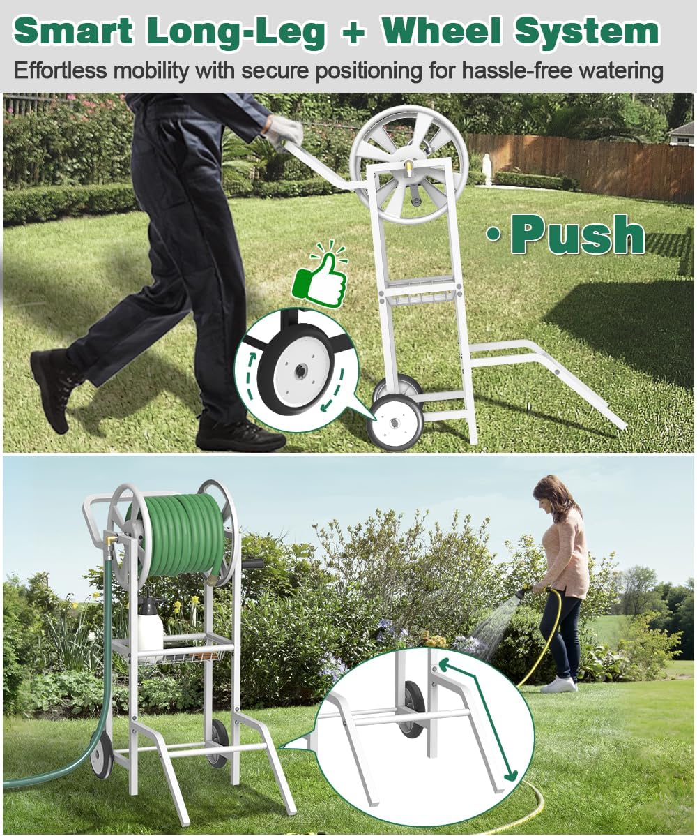 Hose Reel Cart with 2 Wheels, Garden Water Hose Holder Heavy Duty Powder Coated Steel Outdoor Winder Storage Holds 125 ft 5/8" Hoses with Basket and 3.9ft Leader Hose for Backyard, Black