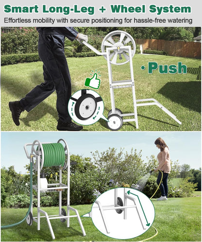 Hose Reel Cart with 2 Wheels, Garden Water Hose Holder Heavy Duty Powder Coated Steel Outdoor Winder Storage Holds 125 ft 5/8" Hoses with Basket and 3.9ft Leader Hose for Backyard, Black