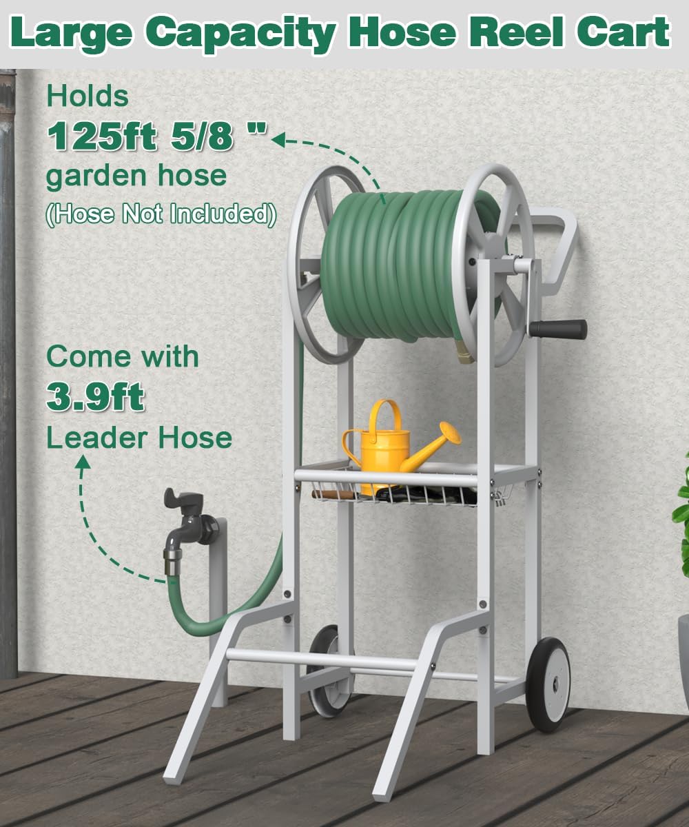 Hose Reel Cart with 2 Wheels, Garden Water Hose Holder Heavy Duty Powder Coated Steel Outdoor Winder Storage Holds 125 ft 5/8" Hoses with Basket and 3.9ft Leader Hose for Backyard, Black