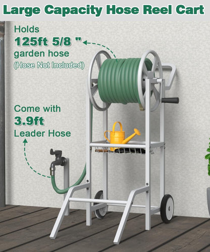 Hose Reel Cart with 2 Wheels, Garden Water Hose Holder Heavy Duty Powder Coated Steel Outdoor Winder Storage Holds 125 ft 5/8" Hoses with Basket and 3.9ft Leader Hose for Backyard, Black