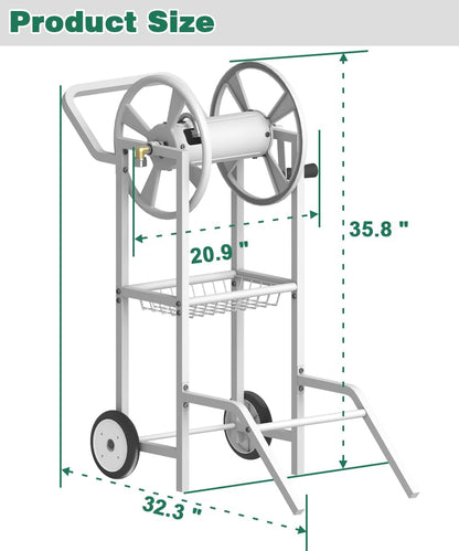 Hose Reel Cart with 2 Wheels, Garden Water Hose Holder Heavy Duty Powder Coated Steel Outdoor Winder Storage Holds 125 ft 5/8" Hoses with Basket and 3.9ft Leader Hose for Backyard, Black