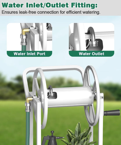 Hose Reel Cart with 2 Wheels, Garden Water Hose Holder Heavy Duty Powder Coated Steel Outdoor Winder Storage Holds 125 ft 5/8" Hoses with Basket and 3.9ft Leader Hose for Backyard, Black