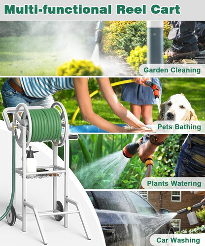 Hose Reel Cart with 2 Wheels, Garden Water Hose Holder Heavy Duty Powder Coated Steel Outdoor Winder Storage Holds 125 ft 5/8" Hoses with Basket and 3.9ft Leader Hose for Backyard, Black