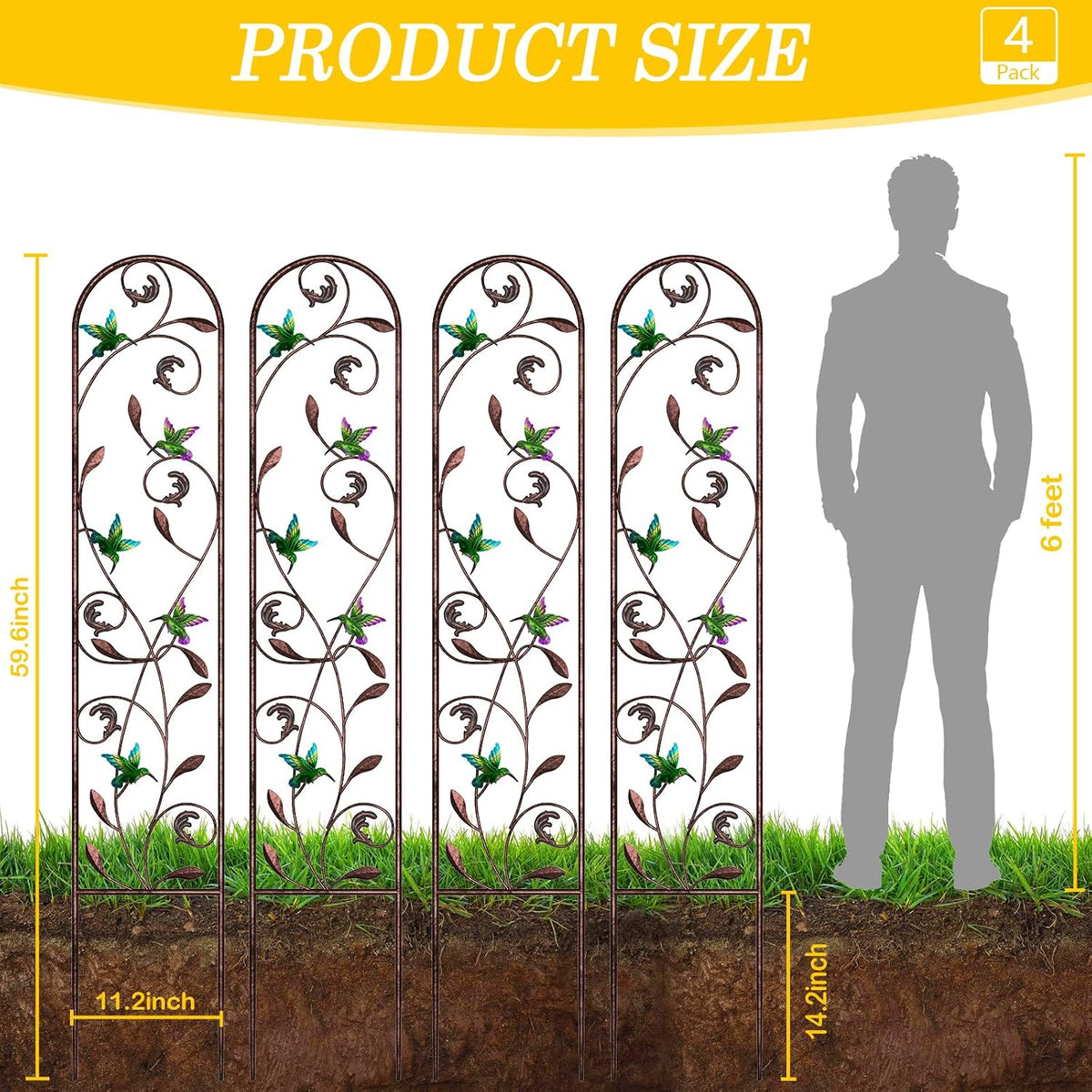 4-Pack Hummingbird Metal Garden Trellis for Climbing Plants