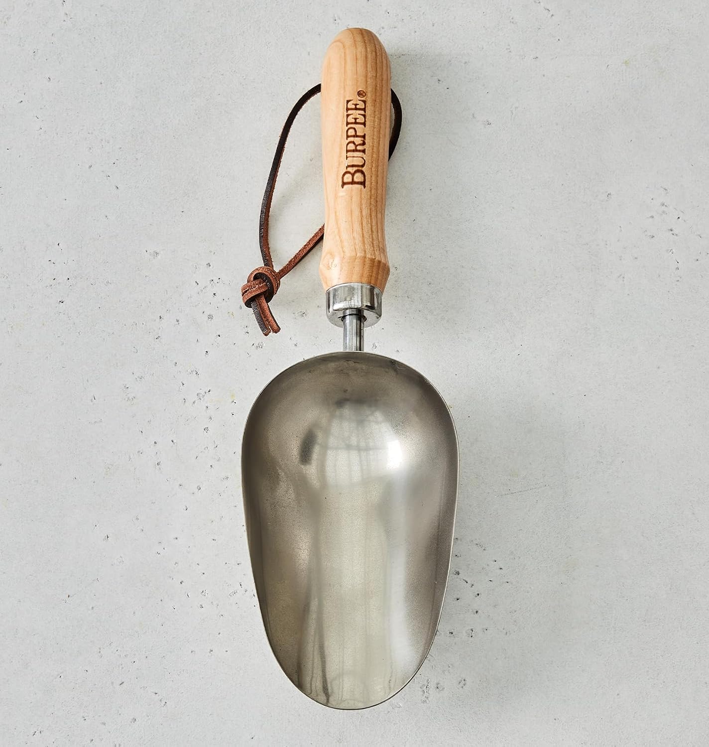 15" Stainless Steel Soil Scoop | Durable Long Lasting Garden Tool | Leather Wrist Strap 5" Handle, Oak