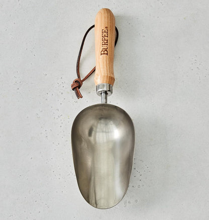 15" Stainless Steel Soil Scoop | Durable Long Lasting Garden Tool | Leather Wrist Strap 5" Handle, Oak