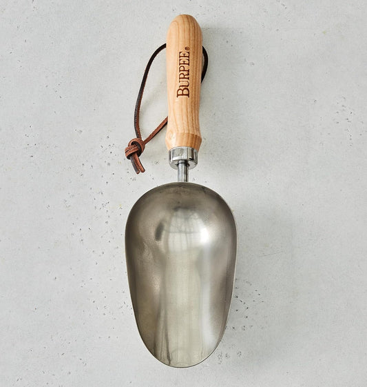 15" Stainless Steel Soil Scoop | Durable Long Lasting Garden Tool | Leather Wrist Strap 5" Handle, Oak