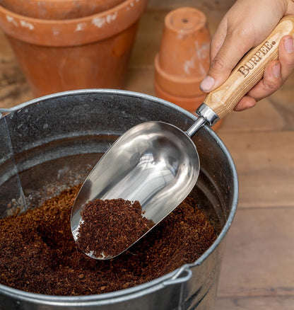 15" Stainless Steel Soil Scoop | Durable Long Lasting Garden Tool | Leather Wrist Strap 5" Handle, Oak