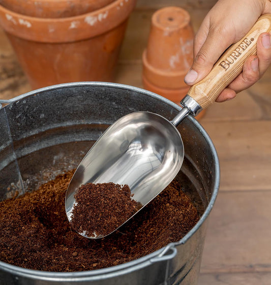 15" Stainless Steel Soil Scoop | Durable Long Lasting Garden Tool | Leather Wrist Strap 5" Handle, Oak