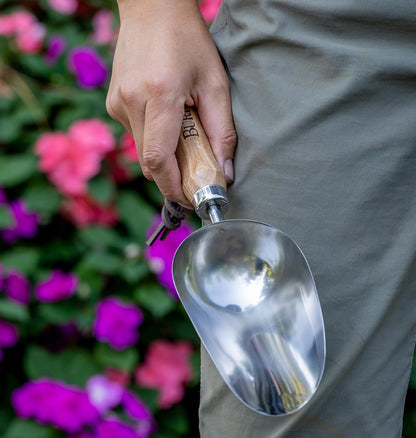 15" Stainless Steel Soil Scoop | Durable Long Lasting Garden Tool | Leather Wrist Strap 5" Handle, Oak