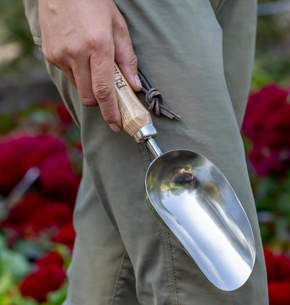 15" Stainless Steel Soil Scoop | Durable Long Lasting Garden Tool | Leather Wrist Strap 5" Handle, Oak