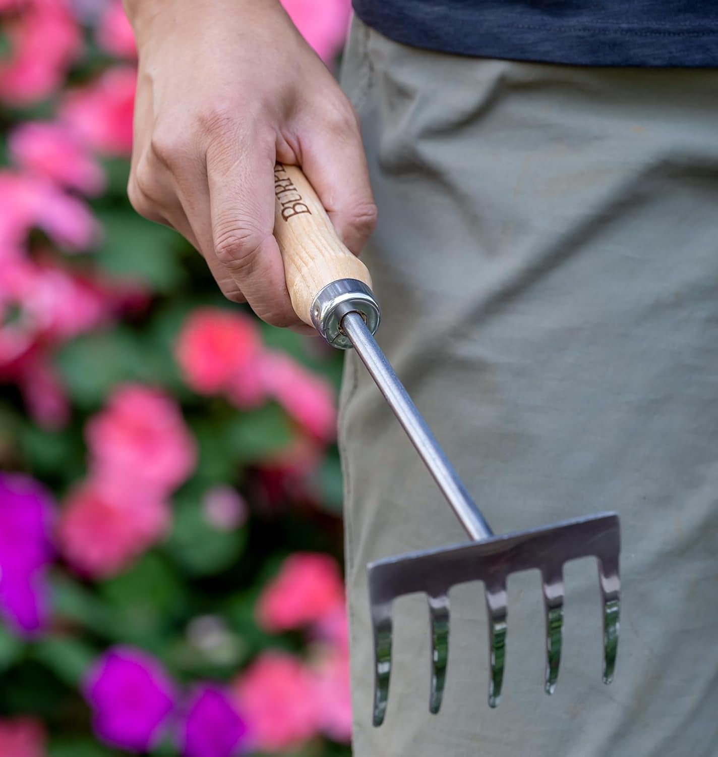 15" Stainless Steel Soil Scoop | Durable Long Lasting Garden Tool | Leather Wrist Strap 5" Handle, Oak