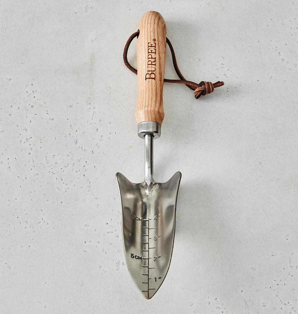 15" Stainless Steel Soil Scoop | Durable Long Lasting Garden Tool | Leather Wrist Strap 5" Handle, Oak